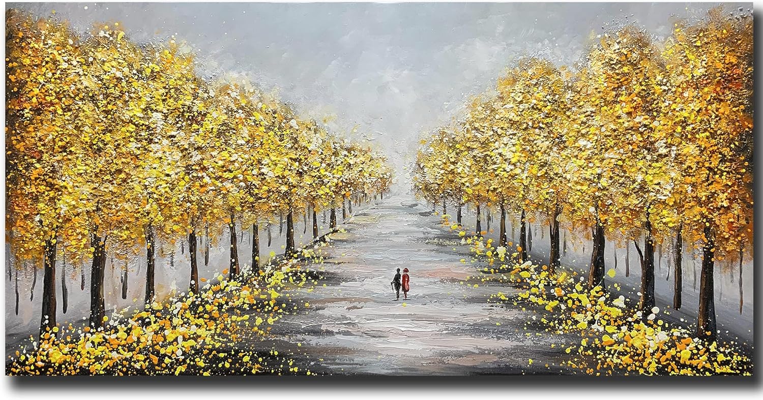 Paintings - Yotree Paintings - 24x48 Inch 3D Wall Art on Canvas Golden Avenue Abstract Painting Wood Inside Framed Hanging Fall Wall Decoration Ready to Hang