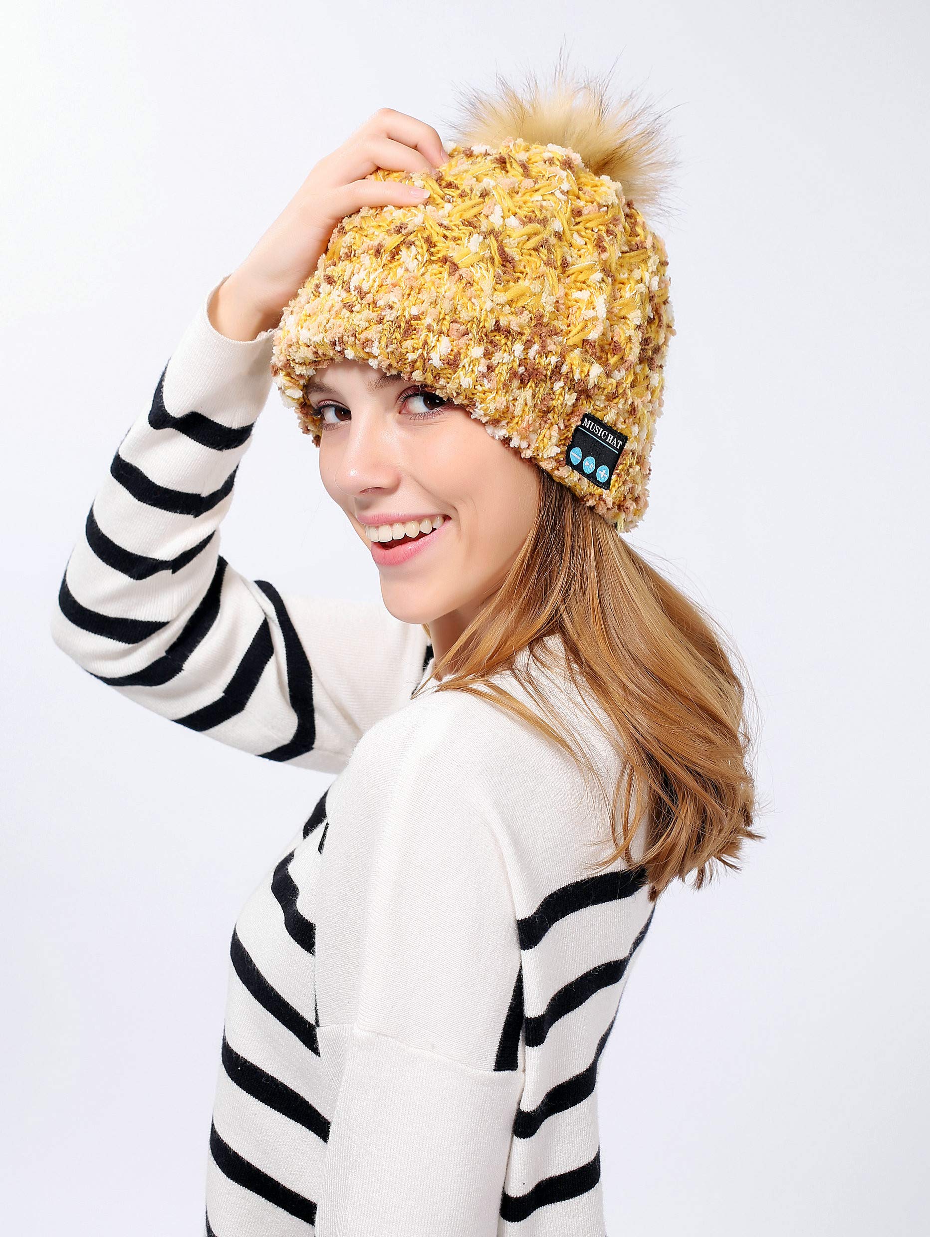 Bluetooth Beanie Hat with Tassel for Samsung Galaxy A9 Smartphone with Integrated Earphones Adjustable Buttons Universal Winter (Gold)