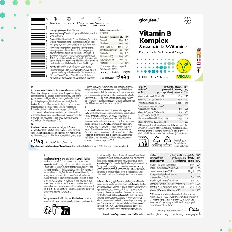 Vitamina B Complex ad Alto Dosaggio, 6+ Mesi di Scorta, 200 Compresse, Tutte le Vitamine B con Qualità Testata, Vitamine B1, B2, B3, B5, B6, B7, B9 e B12, con Biotina, Acido Folico e Vitamina B12 — foto 8 di 8