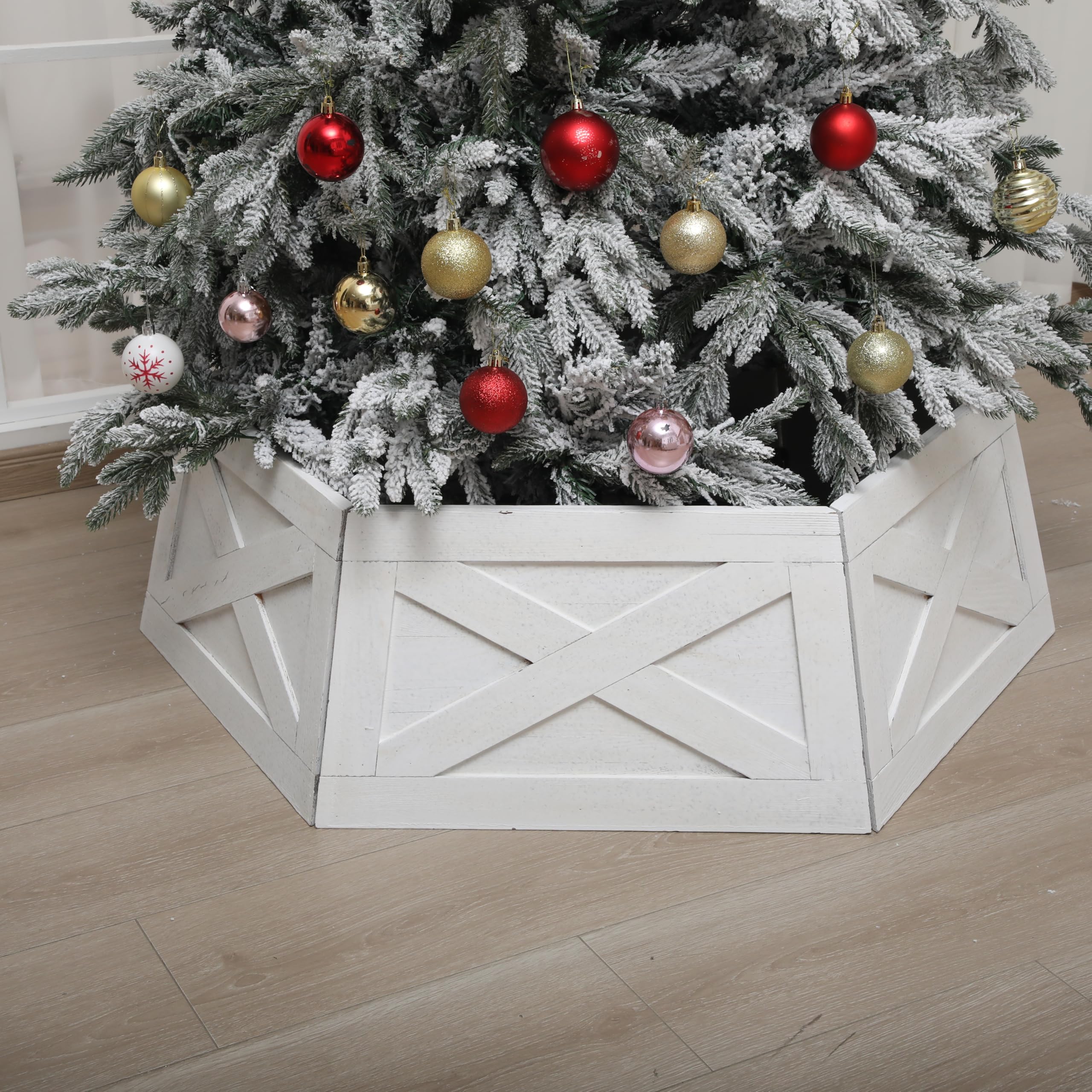 Photo 1 of ***MINOR DAMAGE*** Cinnvoice 40" Wood Christmas Tree Collar, XL Hexagon Xmas Bottom Cover, Rustic Vintage Skirt for 7.5-11 ft Christmas Tree, Wooden Xmas Oversized Holiday Decor for Home Festive Party(White,X)