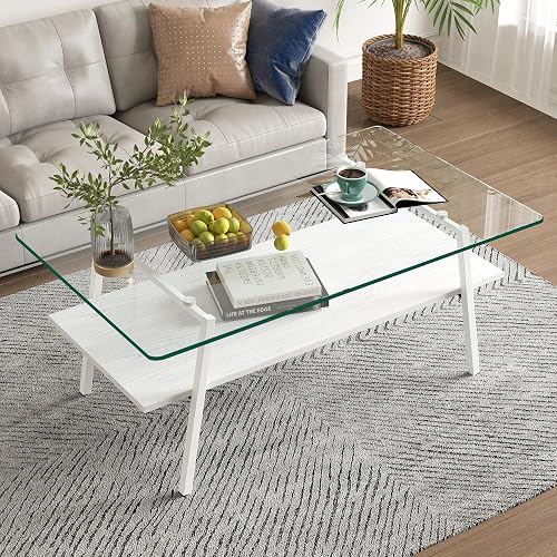 Glass Table Kuwait Rectangle Coffee Table, Tempered Glass Tabletop with White Metal Legs ...