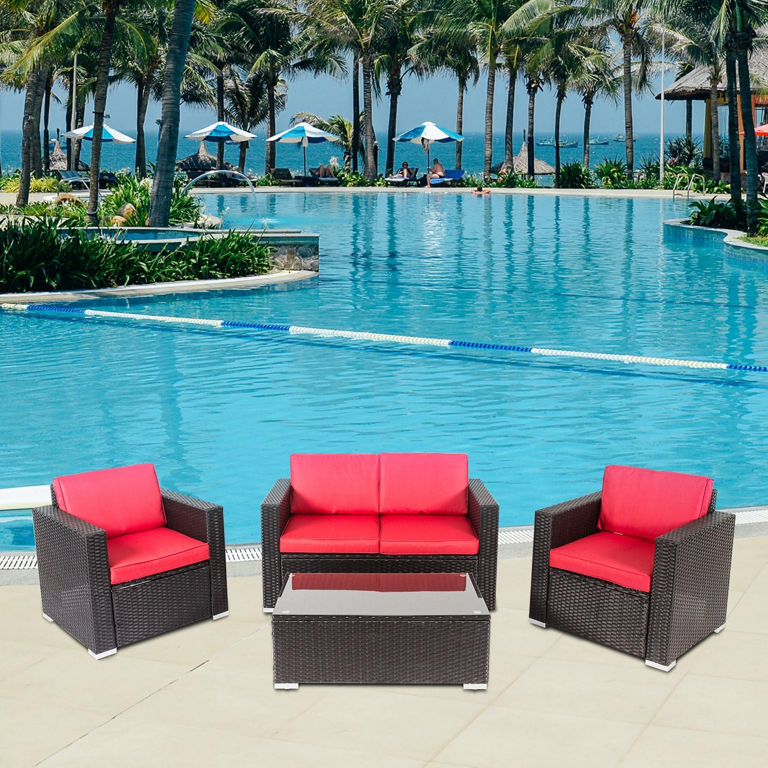 Amazon Com Peach Tree 4 Pc Patio Furniture Sets Pe Rattan Wicker Sofa Sectional Conversation Set With Washable Cushion And Coffee Table Deck Couch Set For Garden Outdoor Red Industrial Scientific