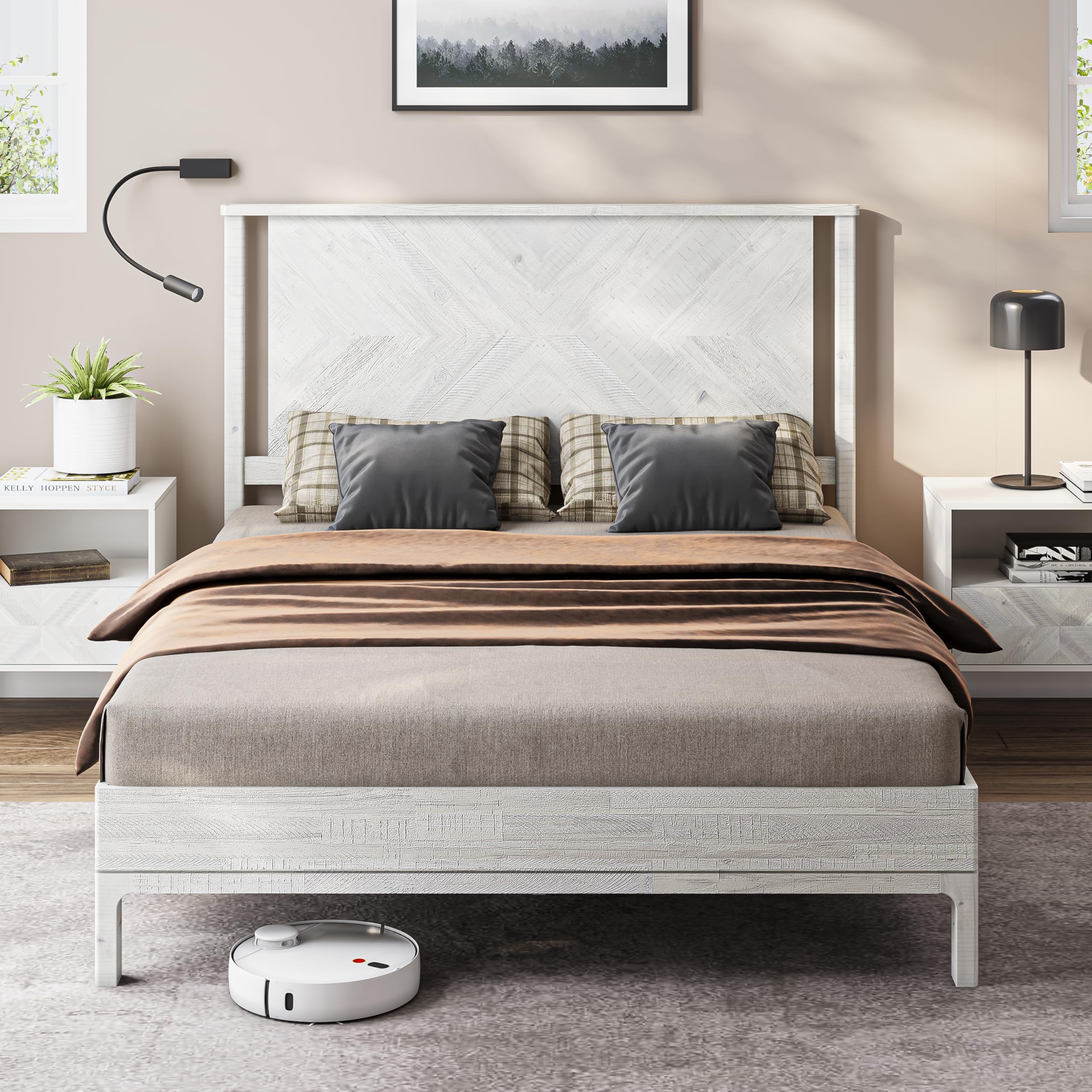 Photo 1 of Bme Vivian 14 Inch Deluxe Bed Frame with Headboard, Rustic & Scandinavian Style with Solid Acacia Wood, No Box Spring Needed, 12 Strong Wood Slat Support, Easy Assembly, Queen, Rustic White