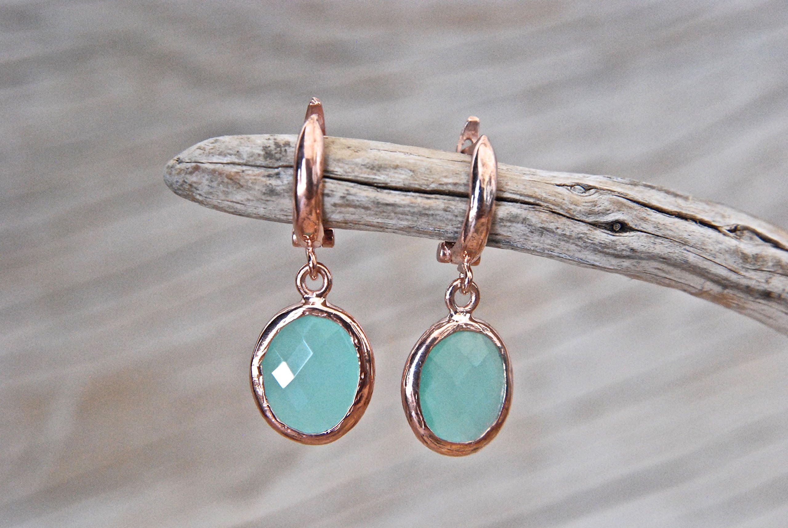 Soft Green Quartz Gemstone Sterling Silver Earrings, pink gold plated silver