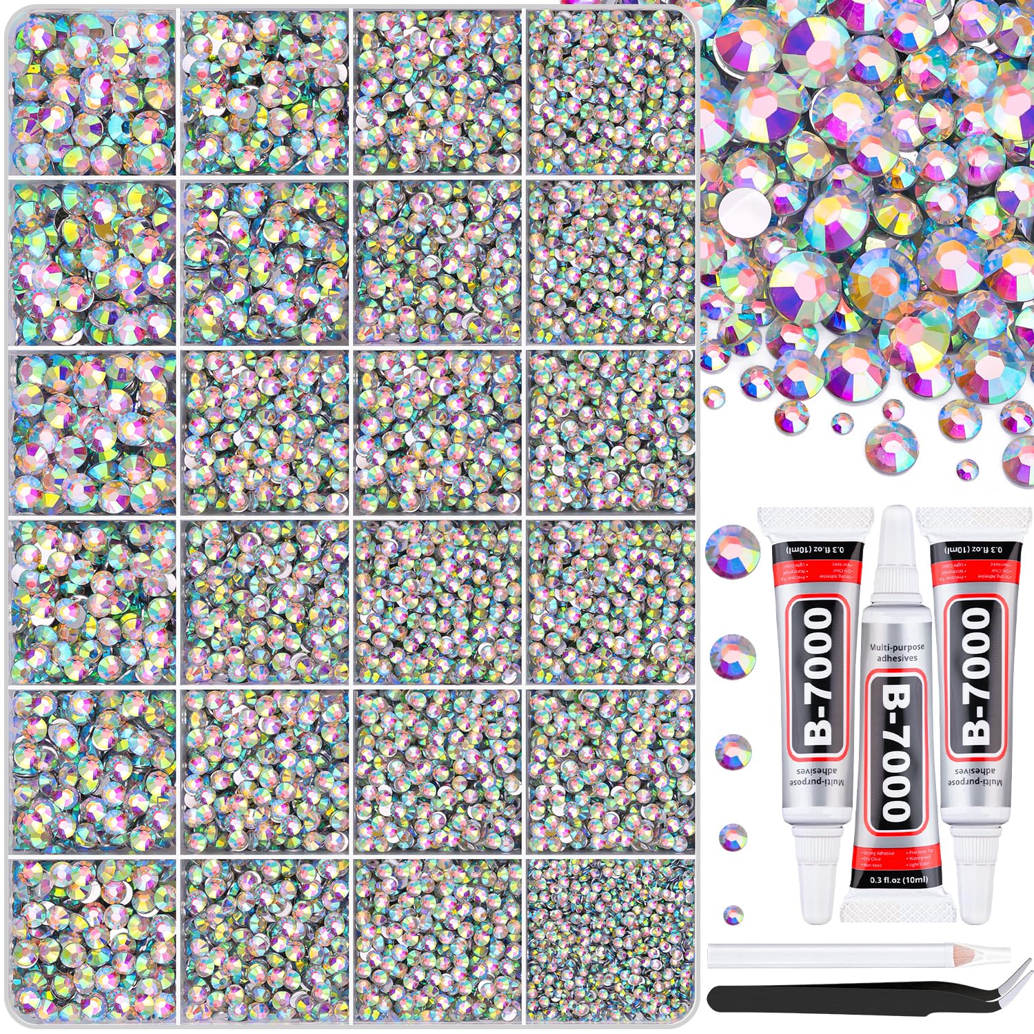 Photo 1 of 30000Pcs AB Rhinestones for Bedazzling with B7000 Jewelry Glue, Bedazzler Kit Bulk Flatback Gems, Resin Rhinestones for Crafting Crafts Clothing Shoes Fabric Nail Art Assorted Size 2/3/4/5/6mm