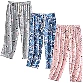 PNAEONG 3 Pack Women Pajama Pants Capri Length Drawstring Pj Bottoms Sleep Lounge Pants with Pockets S-3XL