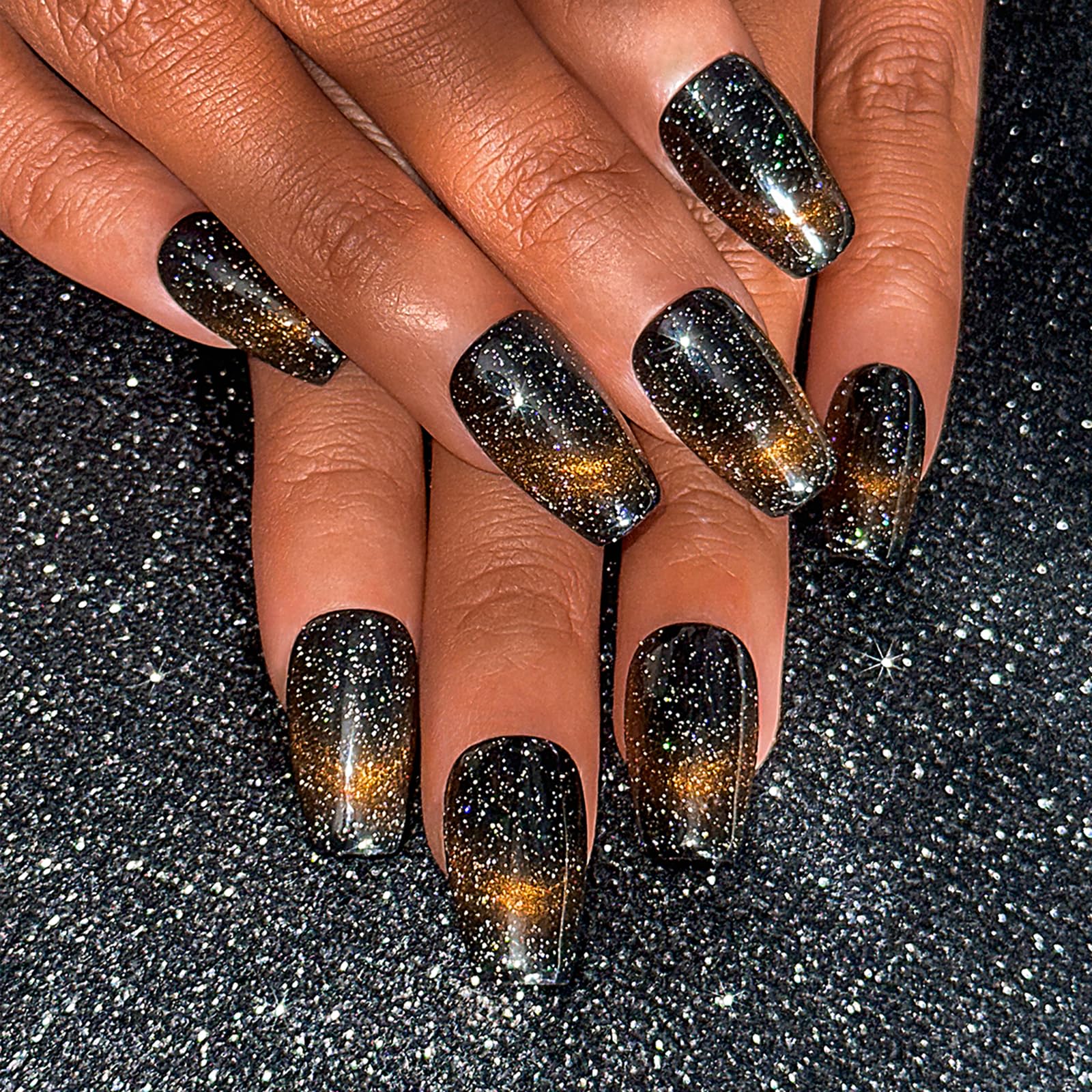 Sethexy French Medium Long False Nails Handmade Black Cat Eye Gradient Press On Nails Glitter Glossy Acrylic Fake Nails Salon Quality Nail Art Removable for Women and Girls(V)