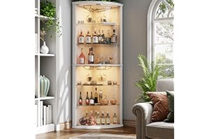 Loomie 70" Corner Bar Cabinet with LED Lights, 6-Tier Modern Wine Cabinet with Glass Door & Glass Holder, Tall Home Bar Liquor Cabinet with Adjustable Shelves for Dining Room, Living Room (White)