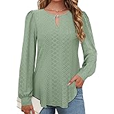 Cakrisyal Womens Long Sleeve Eyelet Tops V Neck Fall Shirts Casual Loose Blouses