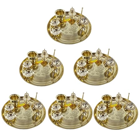 SHIV SHAKTI ARTS Handmade Pure Set Of 6 Brass Pooja Thali Set 42 pcs (6 Pooja Thali , 6 Ghanti , 12 Roli Chawal Katori , 6 Deepak , 6 Kalash , 6 Agardaan) For Diwlai Laxmi Poojan and Navratri Poojan Purpose