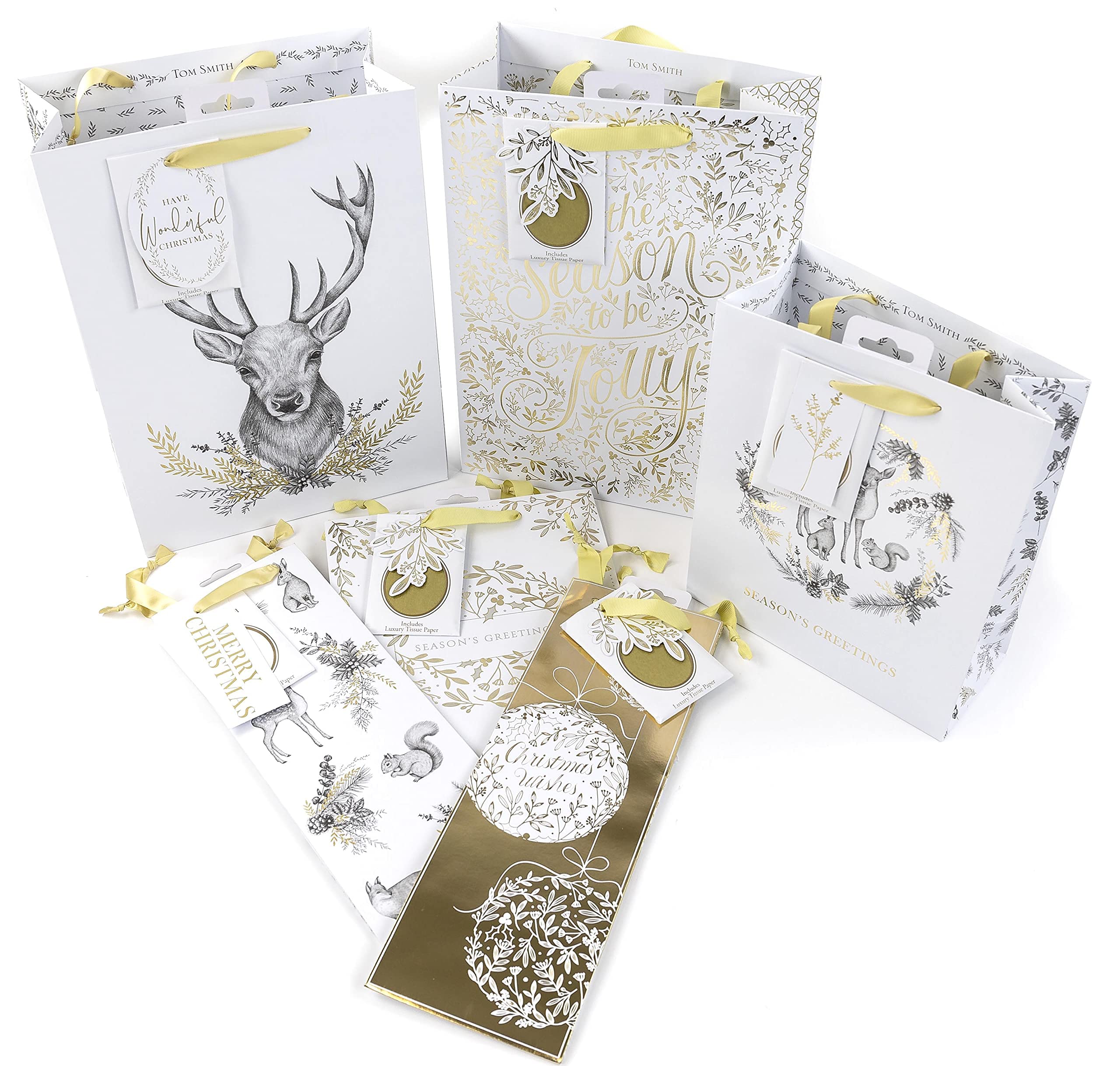 Tom Smith - Golden Luxury Gift Bag Selection Box - Gold & White Design With Christmas Slogans & Illustrations - Includes 2 Large, 2 Medium And 2 Bottle Bags - Gift Tags Included