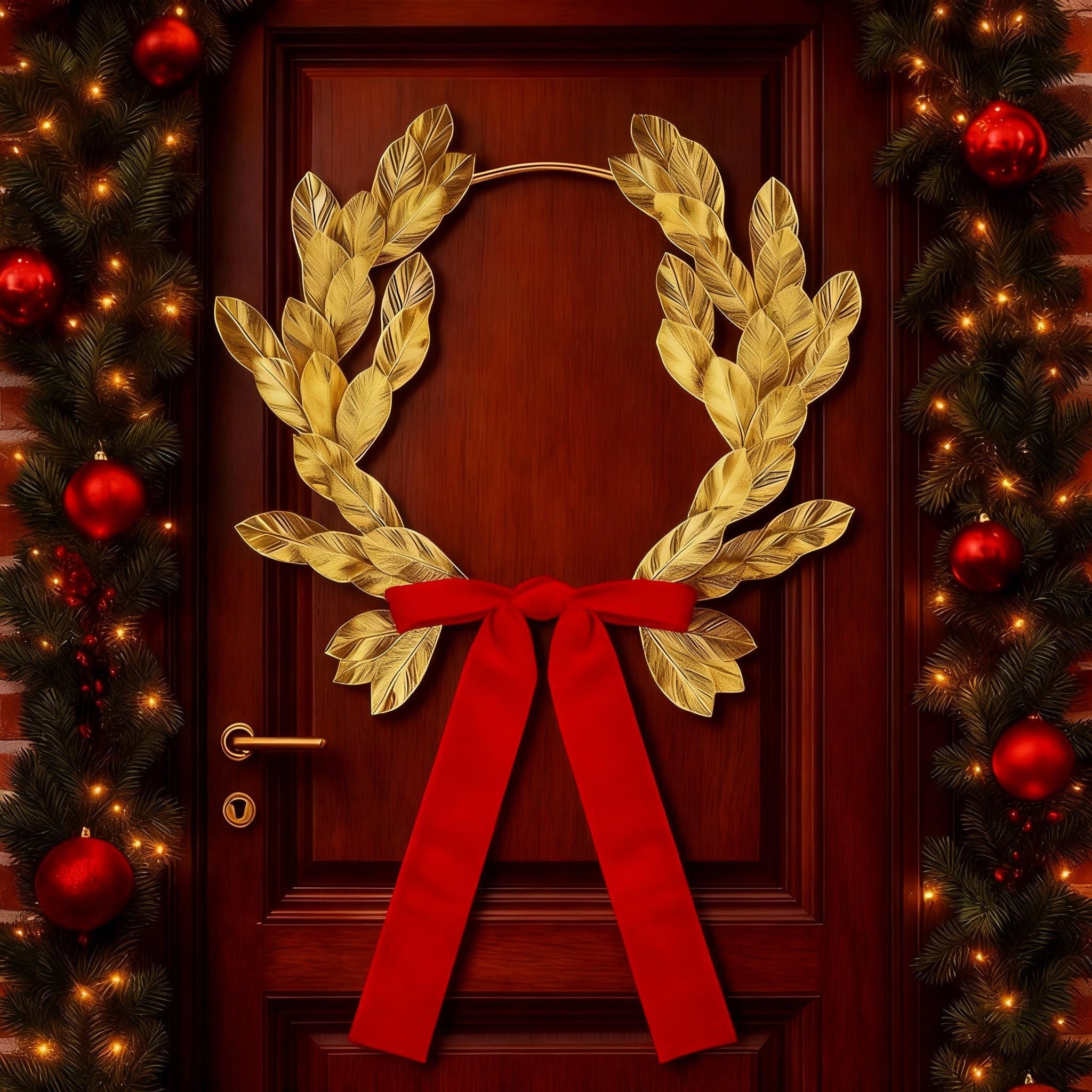 Photo 1 of 13 Inch Gold Leaves Metal Wreath with Bow for Front Door Gold Sparkling Christmas Wall Hanging Ornament Decoration Artificial Magnolia Leaves Door Wreath for Christmas Window Wedding Party Decor