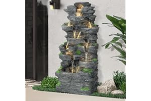 Dephet 40" H 10-Tiers Cascading Rock Water Fountain Outdoor - Waterfalls Fountains with LED Lights, Outdoor/Indoor Resin Fountain for Patio, Garden, Backyard, Deck, Porch, Home Art Docor(40''H)