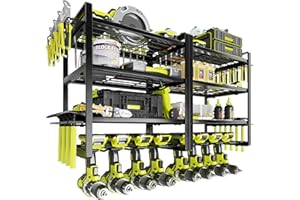KAFAHOM Power Tool Organizer Wall Mount, 4-Tier Drill Holder for Cordless Tools, 2-Pack Set, Garage Storage Rack with Side Hooks for Hammers & Pliers, Tool Organizer for Workshop/Utility Room