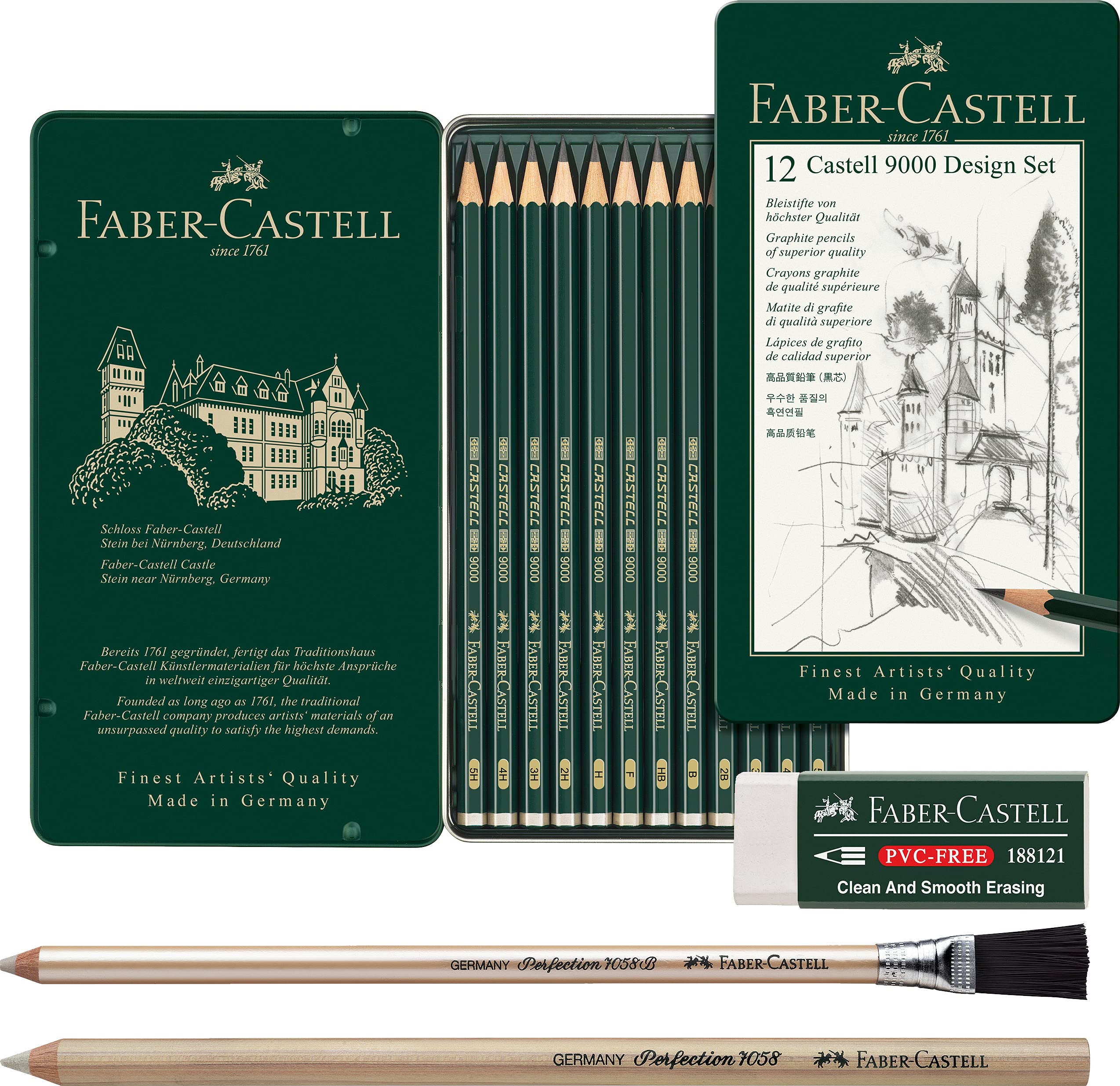 Faber-Castell Castell 9000 119064 Pencil Set of 12 Design 5B - 5H + 2 Different Erasers and PVC-Free Erasers