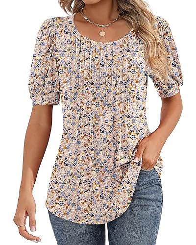 Ficerd Women's Puff Short Sleeve Tunic Tops Pleated Crew Neck