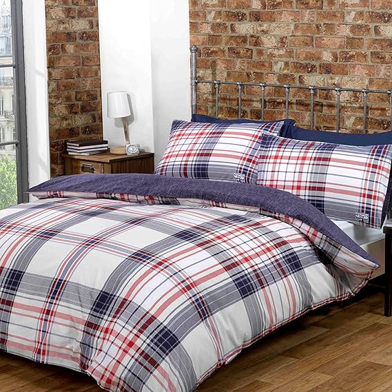 Just Contempo Checked Duvet Cover Set King, Denim Blue Amazon.co.uk
