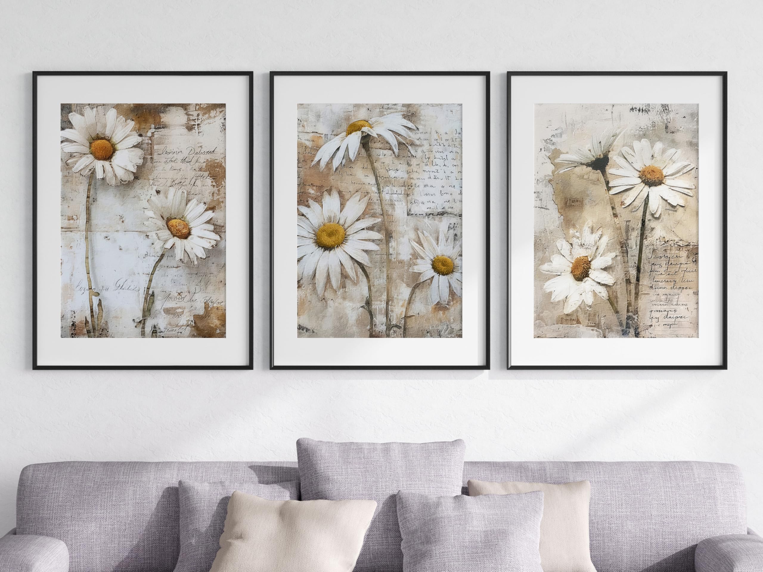 Rustic Daisies Wall Art Set of 3 Unframed Poster Prints, Botanical Style Abstract Art, Living Room Bedroom Bathroom Home Decor, Soft Neutral Colours, White Yellow Beige (A4)
