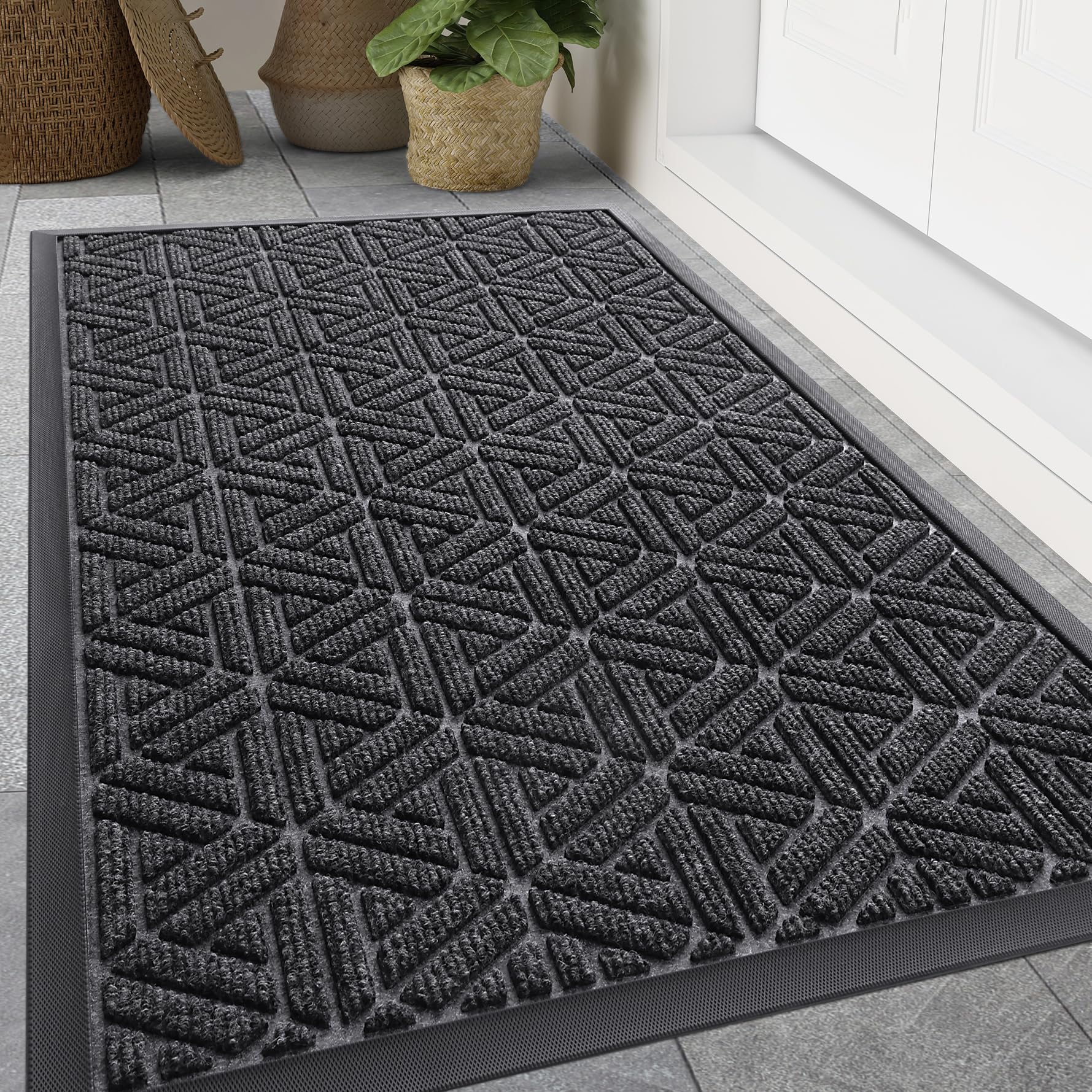 Smiry Front Door Mat Outside Entrance, Heavy Duty Sturdy Natural Rubber Doormat, Trap Dirt and Moisture, Easy Clean Low Profile Mats for Indoor Outdoor Entry, Grid Geometric (59x34, Grey) Image