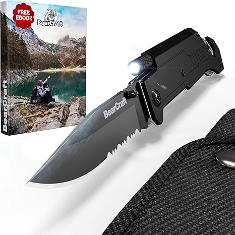 BearCraft Klappmesser mit **GRATIS eBook** | Outdoor Survival Taschenmesser mit Wellenschliff | Rettungsmesser mit Mini-LED T