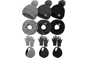 LOROME 15PCS Womens Winter Gloves Earmuffs Scarf Winter Hats, Touch Screen Gloves Women Plush Ear Warmer Knit Scarf Hat Set Adults