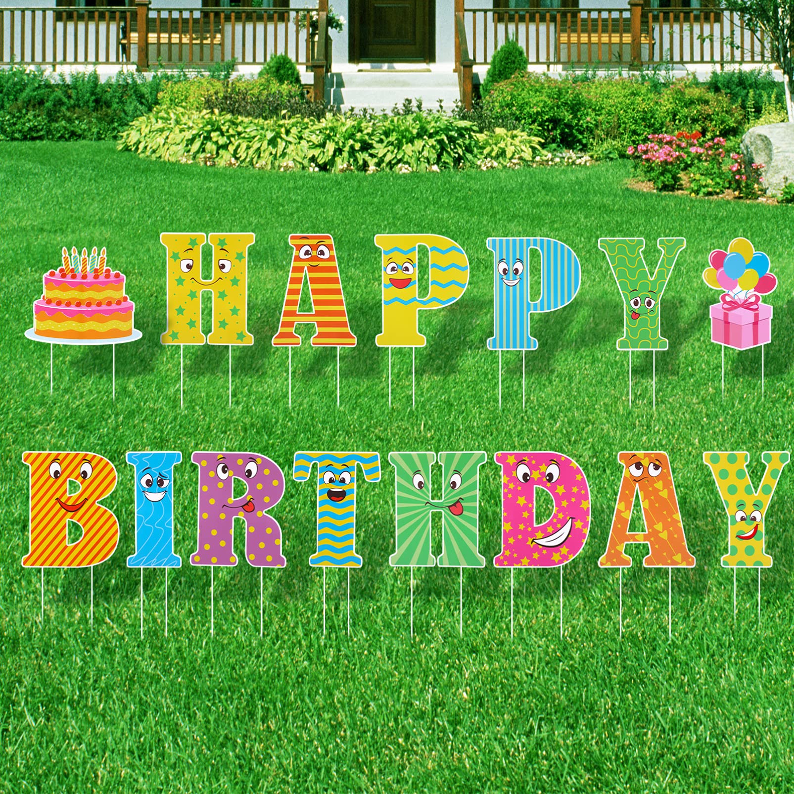 Happy Birthday Yard Signs with Stakes, Colorful Letters Happy Birthday Garden Signs, Corrugated Plastic Waterproof for Birthday Party Decoration| 15 X 14