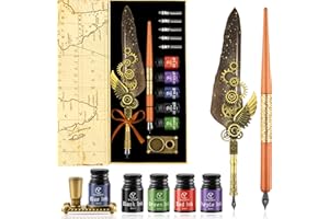 CunMei Quill Pen and Ink Set, Calligraphy set - feather quill pen, Wooden Dip Pen, 5 Color Ink, 5 Replaceable Nibs, Pen Holder,Vintage Calligraphy Pens for Beginners and Calligraphy Lovers (Grey)