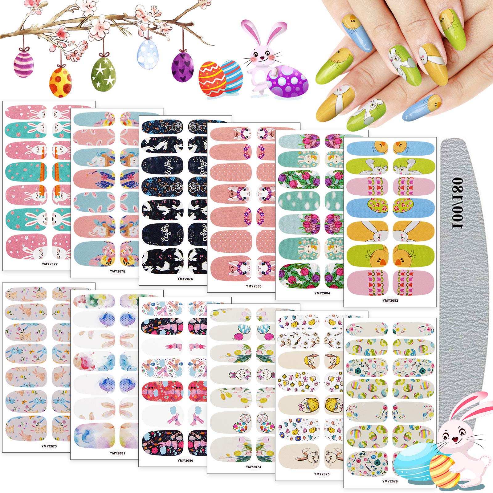 12Pcs Easter Nail Polish Stickers with Nail File, Kalolary Nail Polish Stickers Full Wraps Self-Adhesive Glitter Nail Art Decals Strips Manicure Art Designs for Women Girls Kids Easter Nail DIY