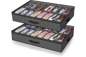 BESSLLY 2 Pack Under Bed Shoe Storage Organizer for Closet, Fits Total 32 Pairs Foldable Underbed Shoes Containers Boxes Under the Bed Storage Bedding with Sturdy Handles&Clear Window for College Dorms, Grey