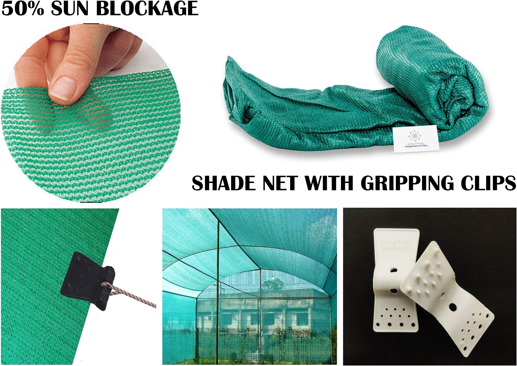 Unique Plastic Shade Net with Gripping Clip (2m x 7m, Green)