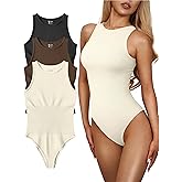 OQQ Women's 3 Piece Bodysuits Sexy Ribbed One Piece Sleeveless Halter Neck Tops Leotard Summer Trendy
