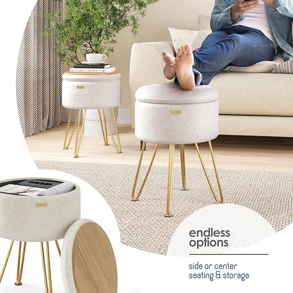 STORAGEBUD ROUND OTTOMAN WITH STORAGE, TEXTURED VELVET STORAGE OTTOMAN, FOOT STOOL OTTOMANS, MAKEUP VANITY STOOL, SMALL OTTOMANS FOOT REST, MODERN VANITY STOOLS FOR LIVING ROOM AND BEDROOM, CREAM