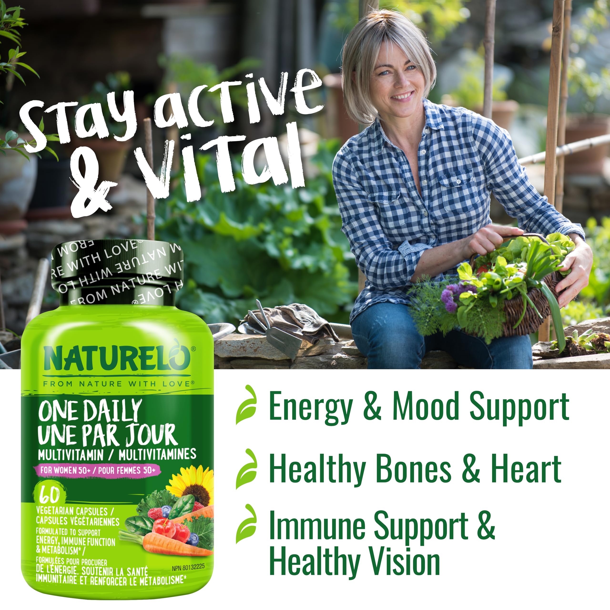 NATURELO One Daily Multivitamin for Women 50+ (Iron Free) - Menopause Support for Women Over 50 - Whole Food Supplement - Non-GMO - No Soy - 60 Capsules - 2 Month Supply