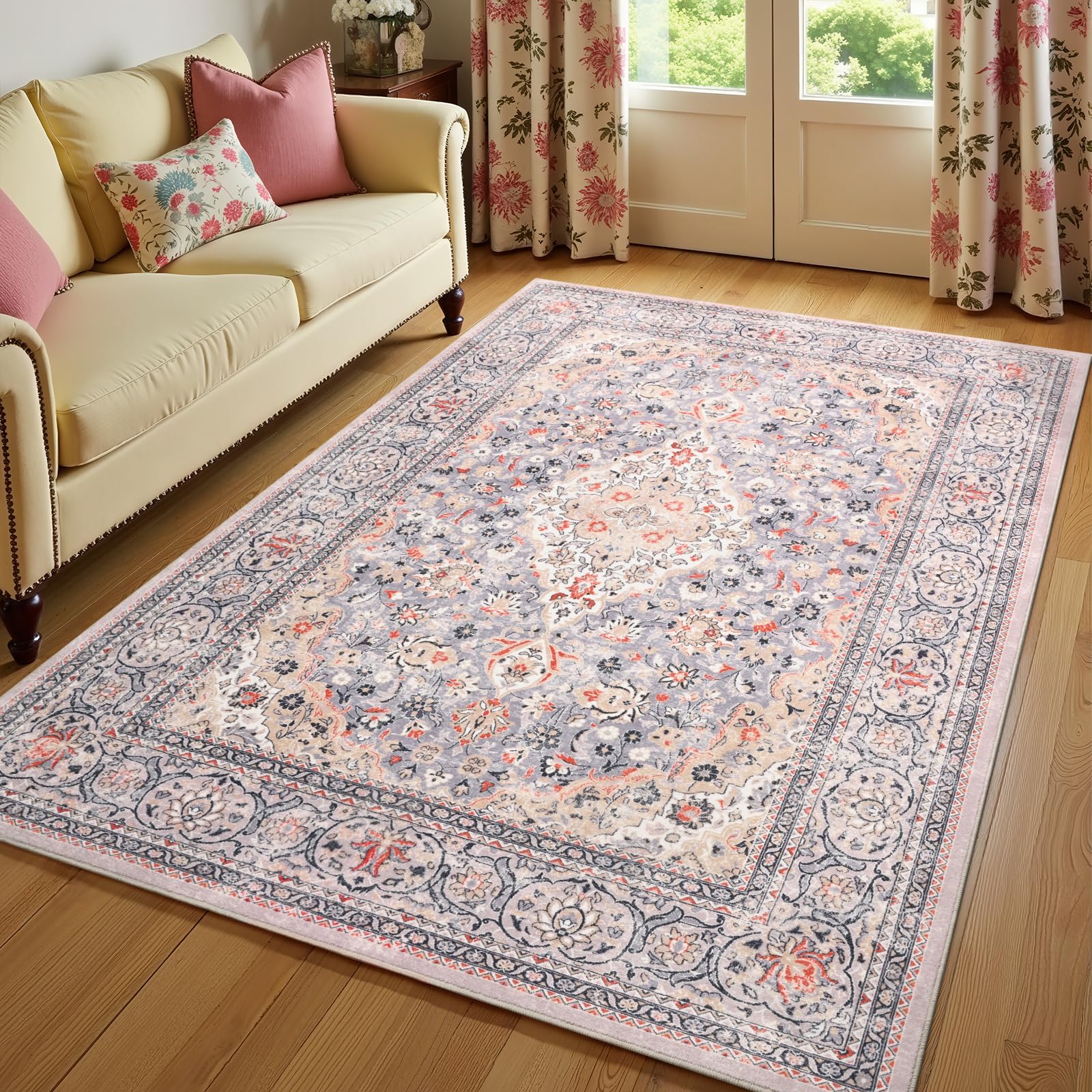 Flagover Washable Boho Area Rug, 6x9 Vintage Floral Non Slip Rugs for Living Room Bedroom, Soft Low Pile Indoor Mat, Aesthetic Pattern Carpet for Kitchen and Dining Room, Beige/Multi