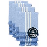 HEIRLOOM COMFORT 12 Pack Monochrome Stripe Dish Towels with Fringes, 16"x26", 100% Cotton, Absorbent & Durable, Quick Drying Kitchen Towels for Daily Cleaning, Cooking & Baking, Easy Care, Sky Blue