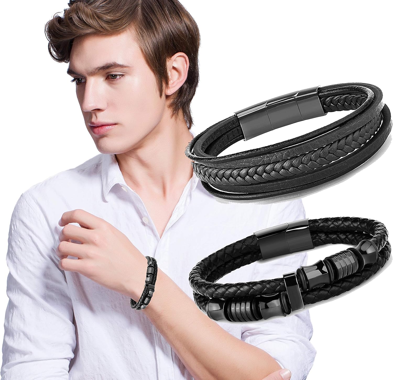 FIBO STEEL Braided leather Bracelets for Men Wrap Leather Bracelet Bangle Cuff (A:Black): Clothing