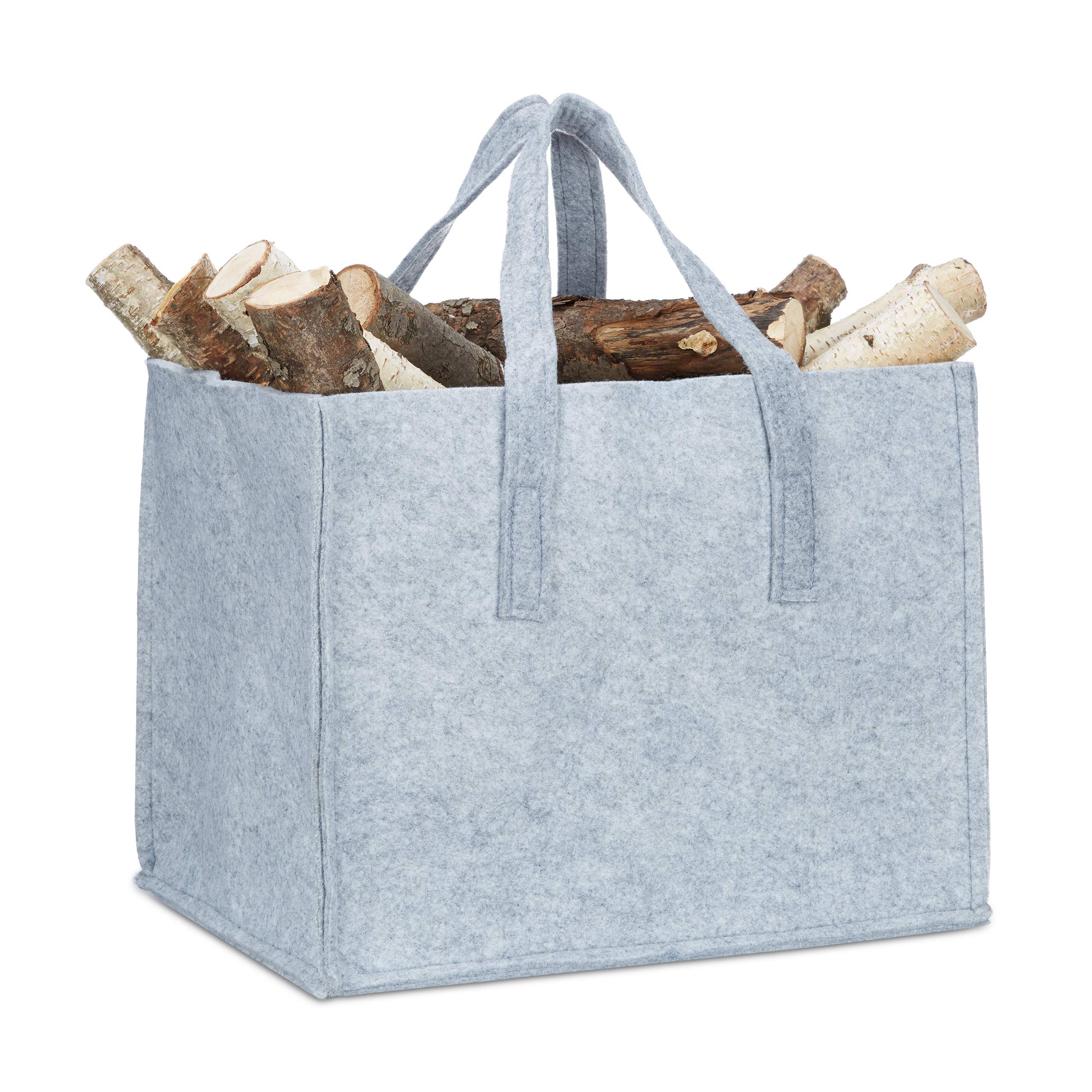 Relaxdays Felt Firewood Basket, HxWxD: 34.5 x 43 x 36.5 cm, 2 Handles, Foldable, Newspaper Holder, Grey
