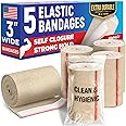 Premium Elastic Bandage Wrap - 3” (5pk) - Strong Compression - Self-Closing Reusable Bandages for Legs and Arms - Wrist, Elbow, Foot, Knee Wrap