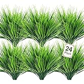 Ouddy Decor 24 Bundles Artificial Plants Outdoors Fake Wheat Grass Faux Greenery Stems Plastic Shrubs UV Resistant for Patio Garden Porch Window Box Spring Home Decor, Green