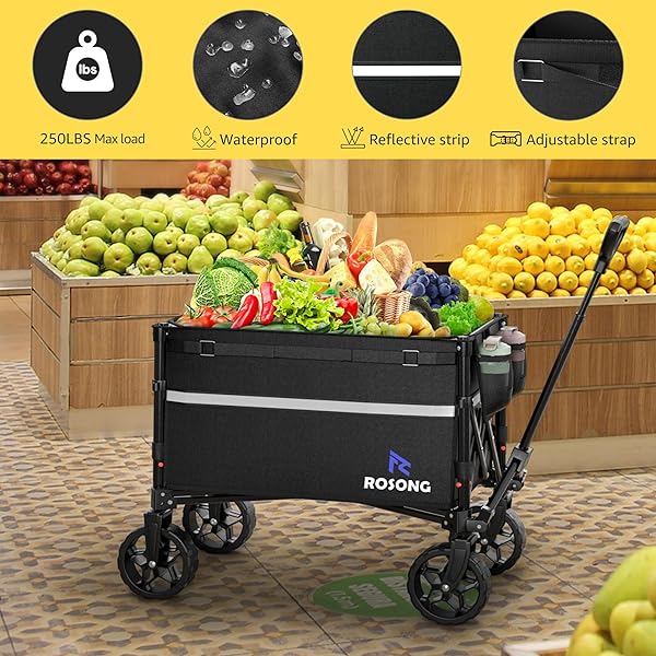 ROSONG COLLAPSIBLE WAGON CART WITH WHEELS FOLDABLE – FOLDING UTILITY HEAVY DUTY WAGONS CARTS FOR GROCERY SPORTS GARDEN SHOPPING CAMPING WHEELBARROWS (BLACK, 120L)
