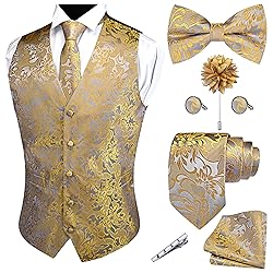 GUSLESON Gold Vest Floral Suit Vest Tie and Bow Tie