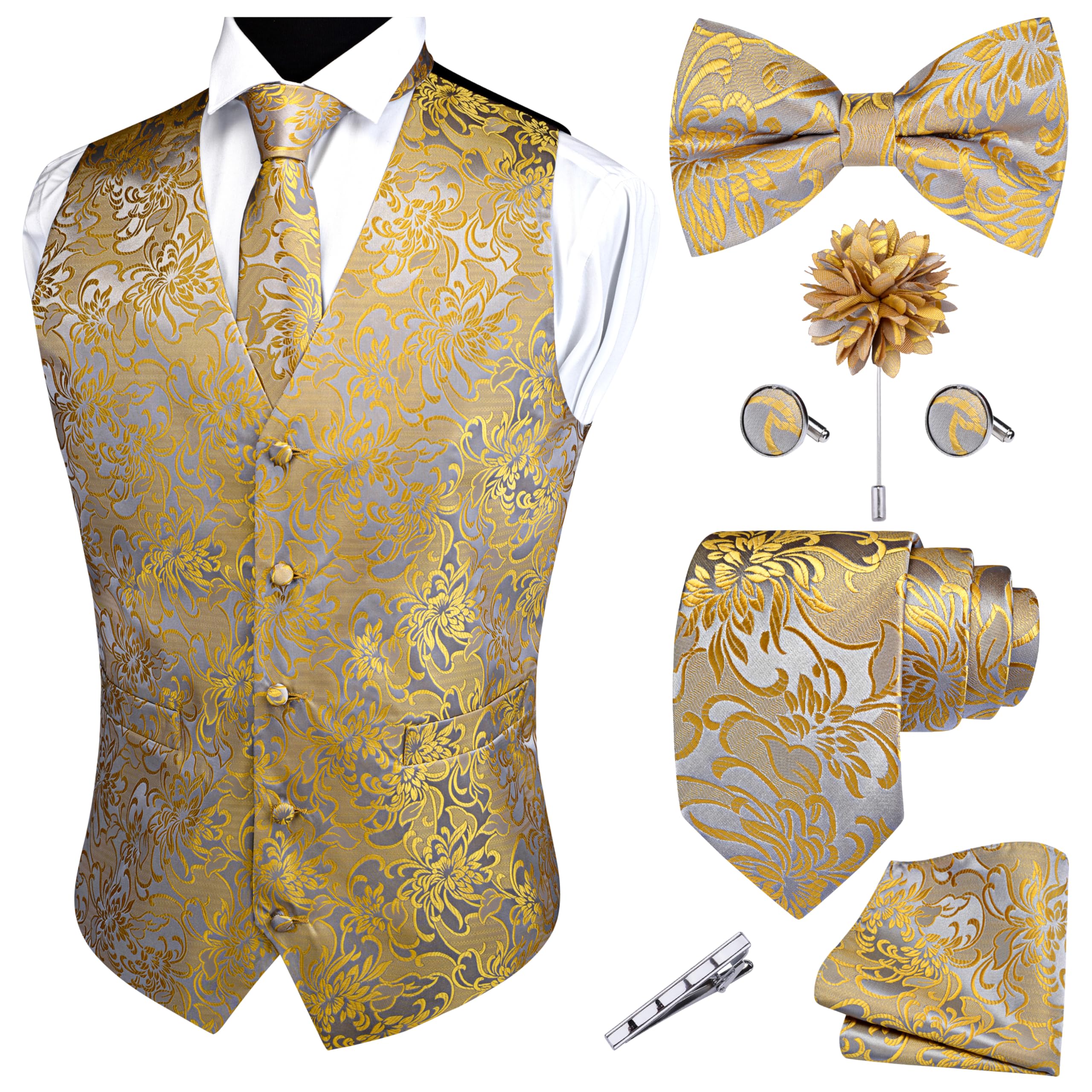 GUSLESON Gold Vest Floral Suit Vest Tie and Bow Tie