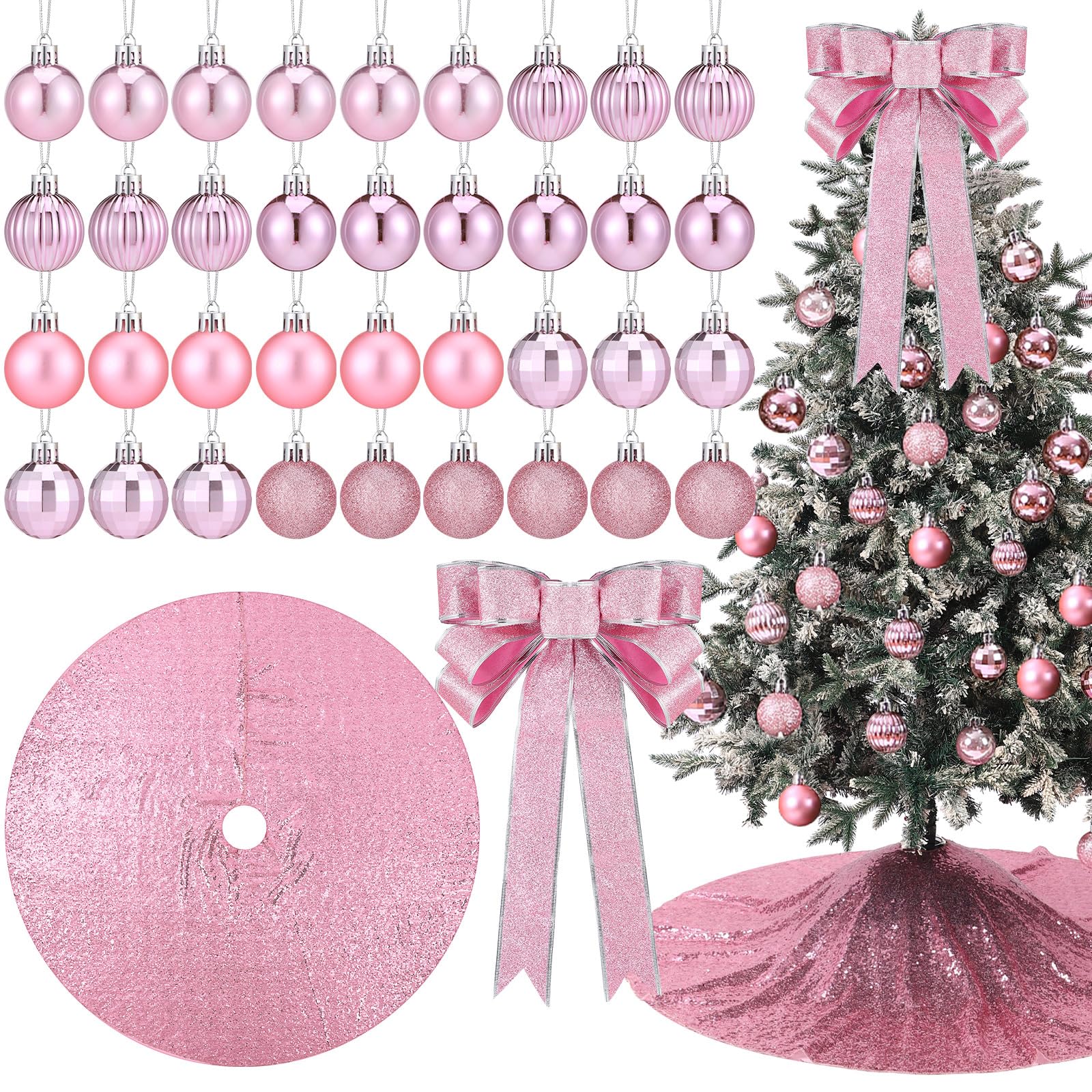 Photo 1 of Liliful 38 Pcs Mini Pink Christmas Tree Decorations Set 48 Inch Sequin Christmas Tree Skirt Bow Xmas Tree Topper Ball Ornaments for Xmas Holiday Party Wreath Decoration