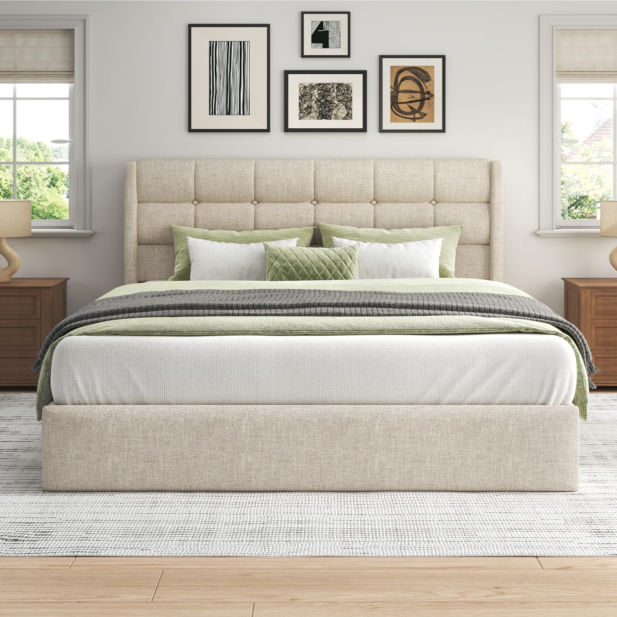 Lifezone Queen Lift Up Storage Bed Frame, Linen Upholstered Queen Platform with Button Tufted Wingback Headboard and Under-Bed Storage, Hydraulic Support, No Box Spring Needed, Noise Free, Light Beige