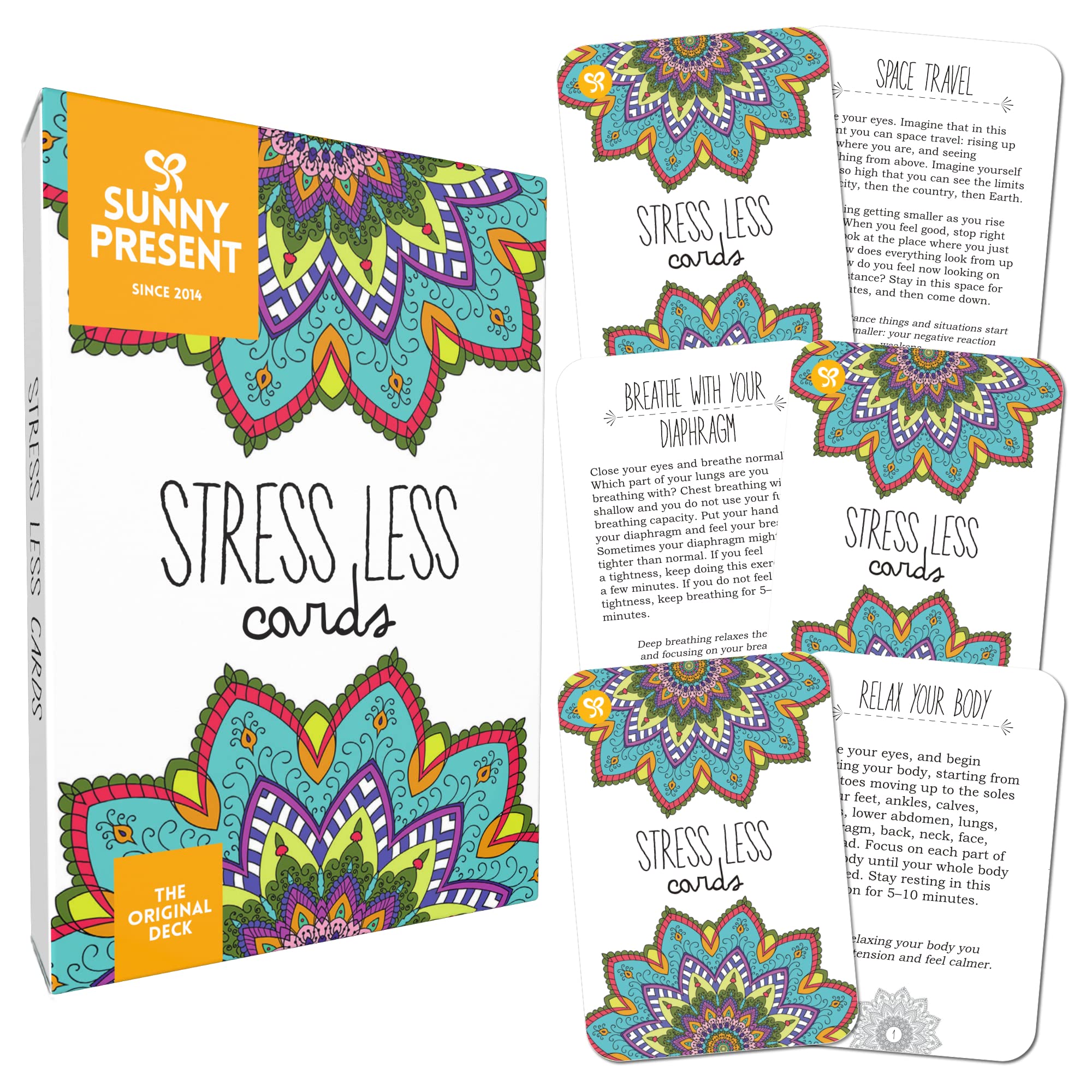 Sunny Present Stress Less Cards - 50 Inspirational Mindfulness & Meditation Exercises to Relieve Feelings of Stress and Anxiety