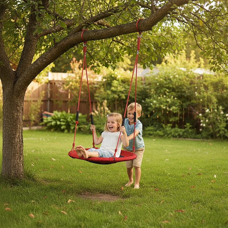 Relaxdays Nest Swing, Redondo, Punhos Almofadados, para crianças, Ajustáveis, Exterior, Ø: 100 cm, até 100 kg, Vermelho