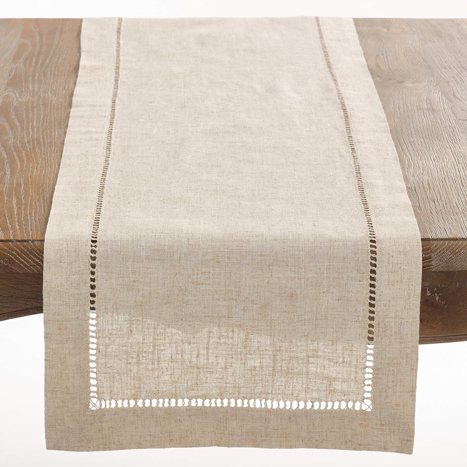 SARO LIFESTYLE Toscana Collection Poly and Linen Blend Table Runner with Hemstitch Border, 16" x 120", Natural: Kitchen & Dining