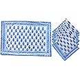 Rastogi Handicrafts Hand Block 100% Cotton Indian Style Theme Dining Table Mats and Napkins Set of 6 Place-mats Runners (Blue 4)
