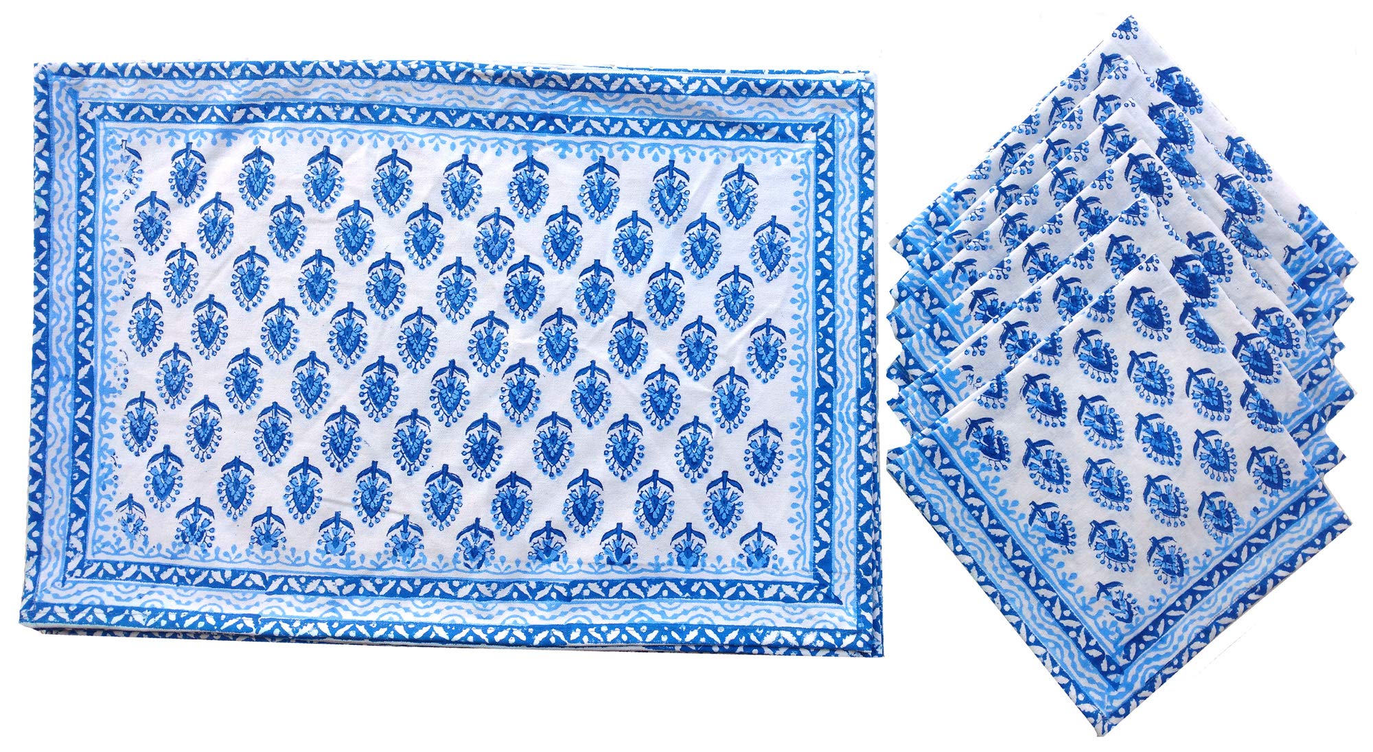 Rastogi Handicrafts Hand Block 100% Cotton Indian Style Theme Set of 6 Dining Table Mats and Napkins Place-mats Runners (BLUE 4)