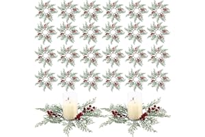 Lyrow 24 Pcs Christmas Candle Rings Wreaths Artificial Garland Red Berries Pinecones Snowy Pine Berries Xmas Mini Holder for Pillars Rustic Wedding Centerpiece Table Closet Decorations(Elegant)